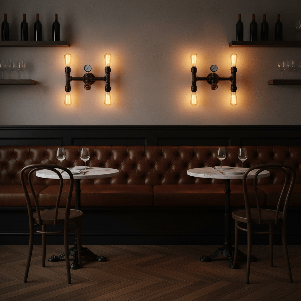 Steam 4L indoor wall light illuminating a cozy restaurant setting with leather seating and marble tables.