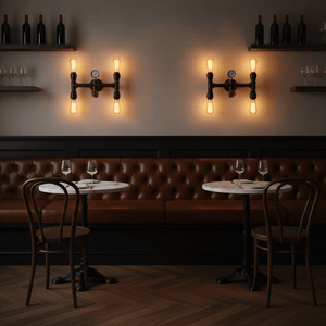 Steam 4L indoor wall light illuminating a cozy restaurant setting with leather seating and marble tables.
