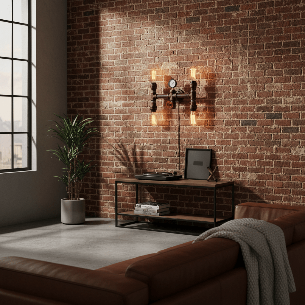 Indoor scene featuring the Steam 4L wall light above a modern console table against a brick wall.