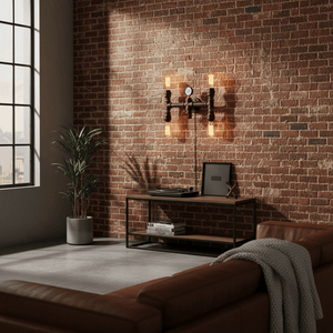 Indoor scene featuring the Steam 4L wall light above a modern console table against a brick wall.