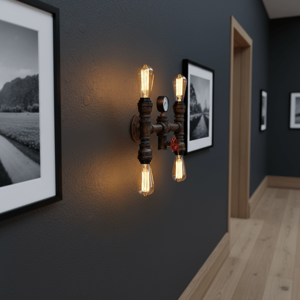Steam 4L indoor wall light with aged iron finish mounted on a dark wall, illuminating framed photos.