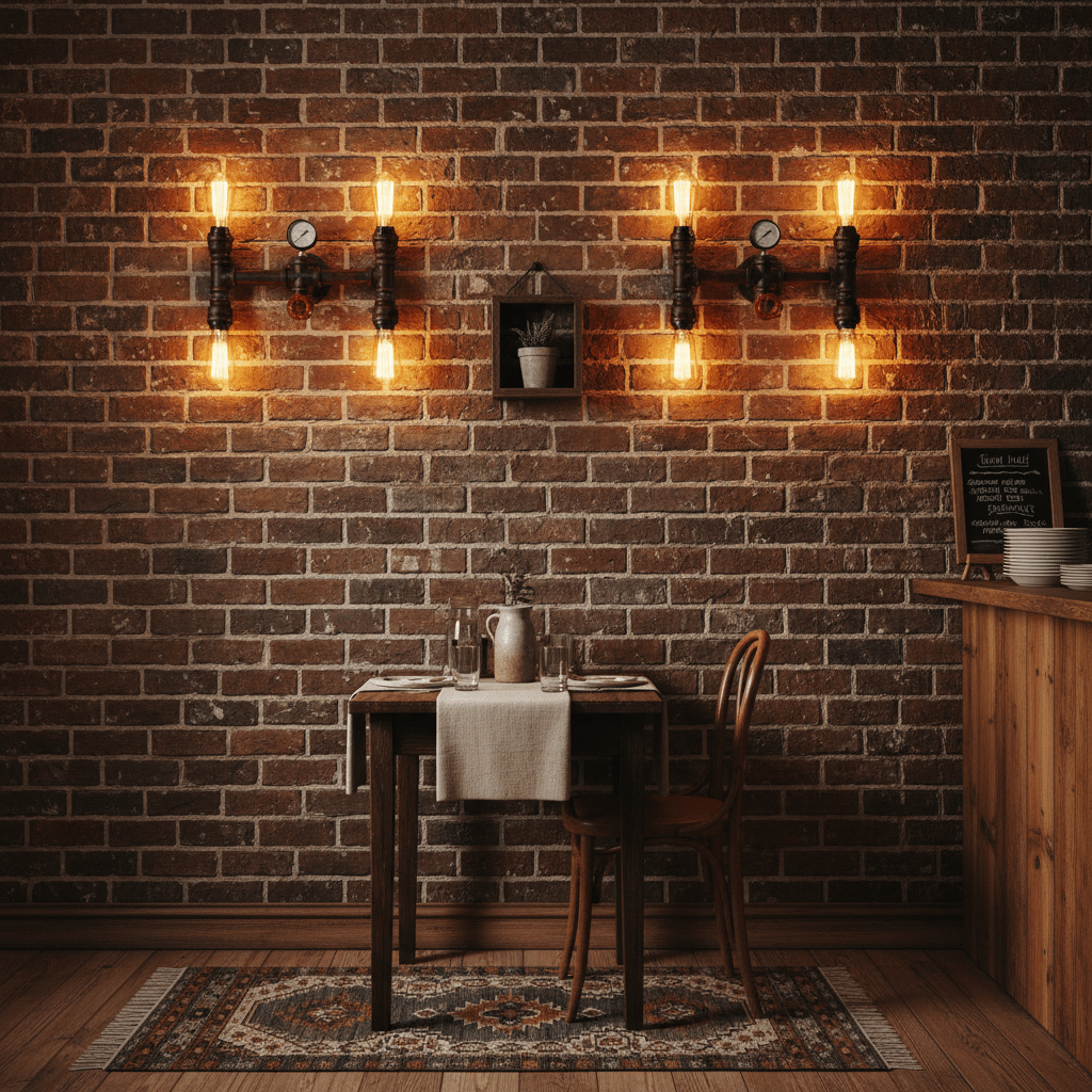 Industrial-style wall light illuminating a rustic dining area with a wooden table and brick wall.