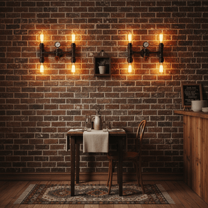 Industrial-style wall light illuminating a rustic dining area with a wooden table and brick wall.