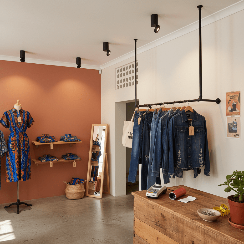 Clothing store interior with racks of jeans and a display area.