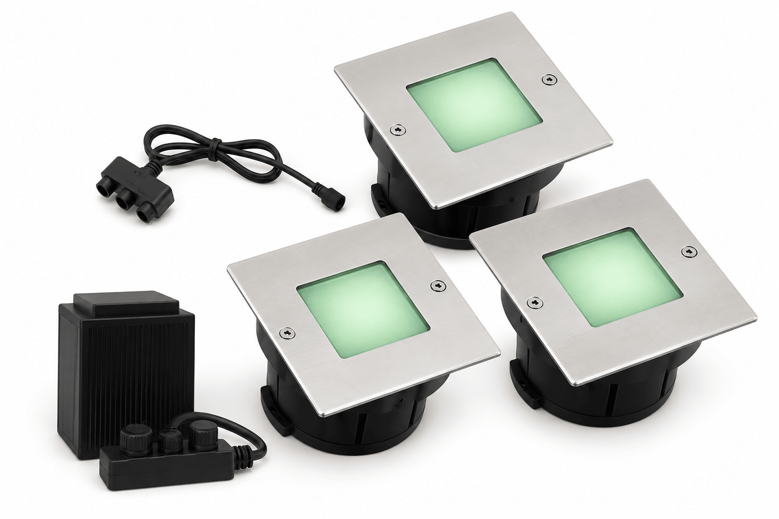 Three square outdoor lights with green LED illumination on a white background