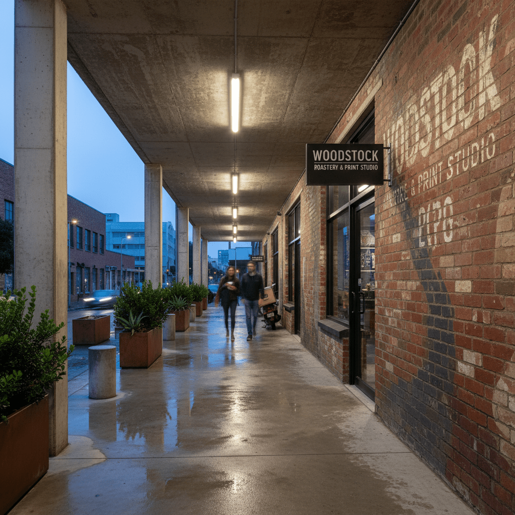 Outdoor walkway illuminated by slim linear LED lights, with people walking and planters along the path.