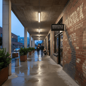 Outdoor walkway illuminated by slim linear LED lights, with people walking and planters along the path.