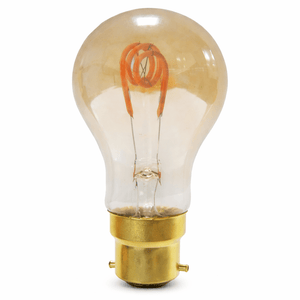 Close-up view of an amber LED filament bulb with a gold base, showcasing its vintage design.