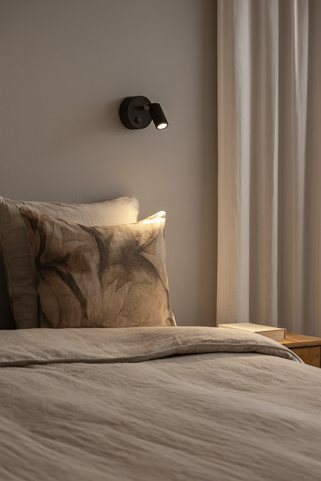 Bedroom with a bed, pillows, and a wall-mounted light fixture.