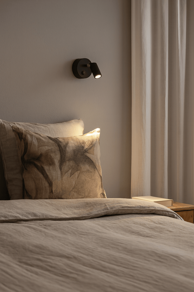 Bedroom with a bed, pillows, and a wall-mounted light fixture.
