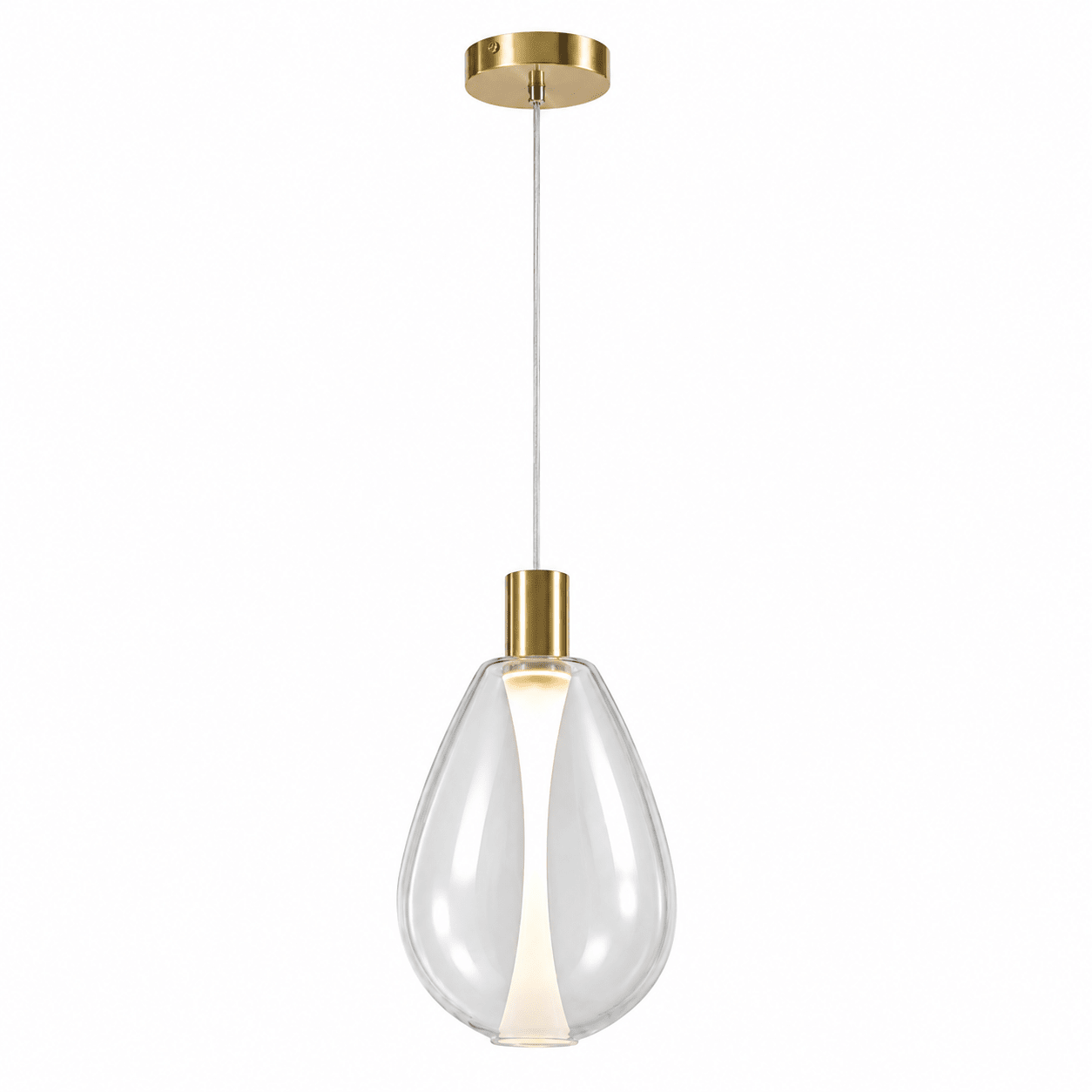Clear glass pendant light with a minimalist design and warm white illumination, suspended from a gold ceiling mount.