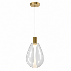 Clear glass pendant light with a minimalist design and warm white illumination, suspended from a gold ceiling mount.
