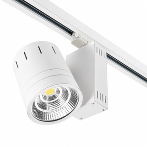 35W LED COB track spot light in white finish, mounted on a track with a focused beam.