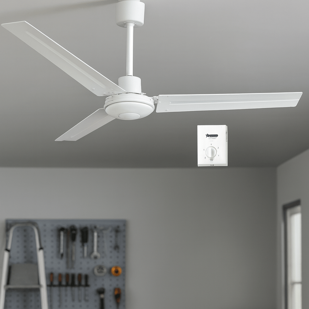 White ceiling fan in a room with tools on the wall and a ladder.