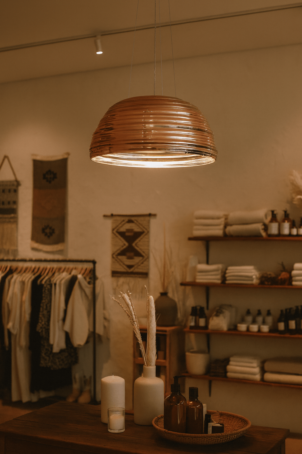 Interior of a store with wooden pendant light, clothing rack, and shelves with products.