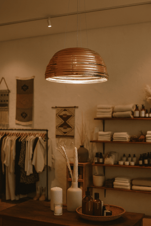 Interior of a store with wooden pendant light, clothing rack, and shelves with products.