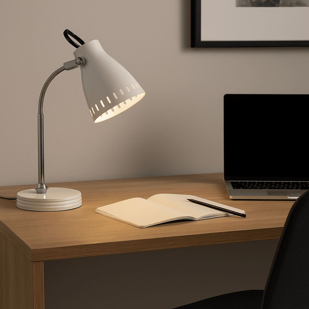Grey Flexi Desk Lamp illuminating a wooden desk with an open notebook and pen, laptop in background.