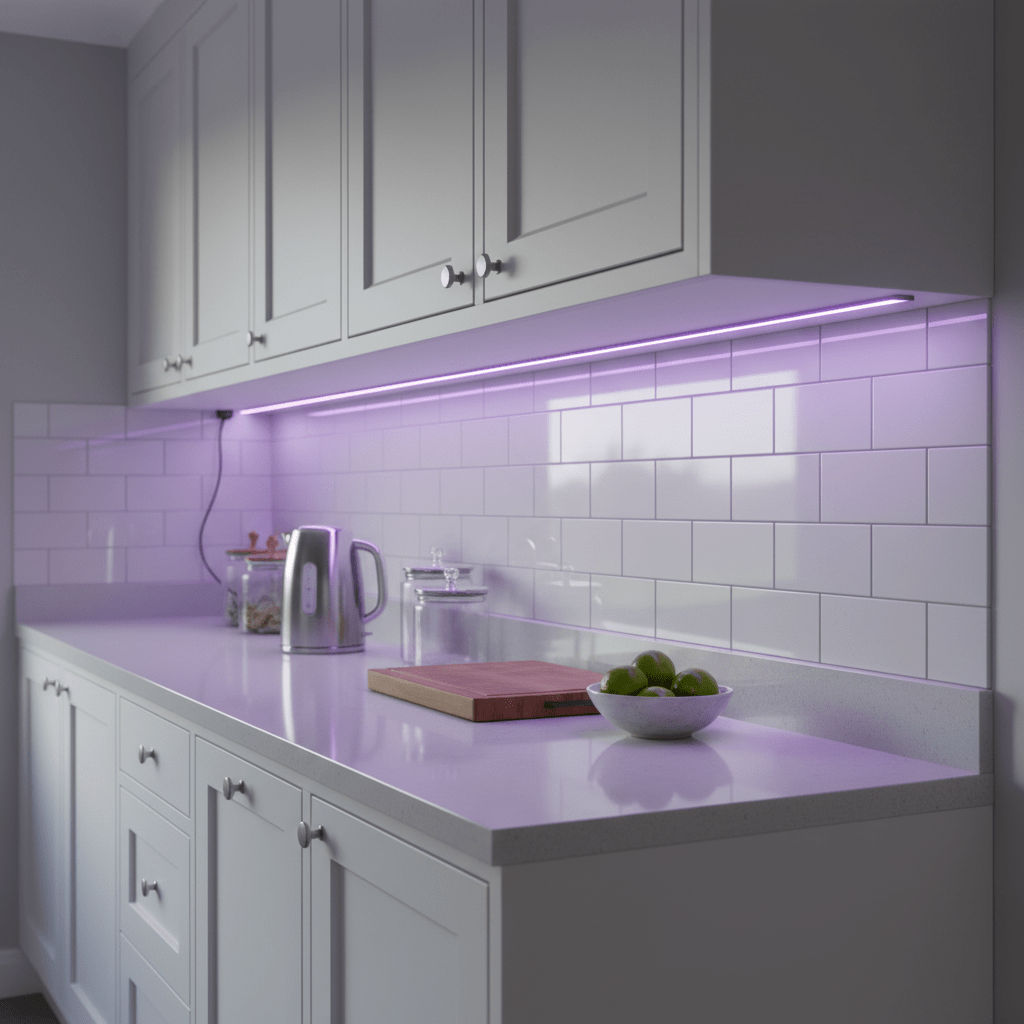 Ultra Violet LED striplight installed under kitchen cabinets, illuminating a modern countertop with a kettle and fruit bowl.