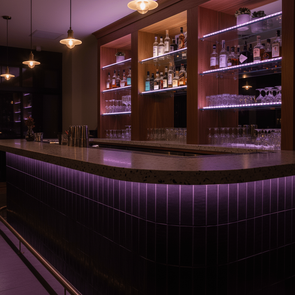UVA LED striplight illuminating a modern bar counter with bottles and glassware in a stylish setting.