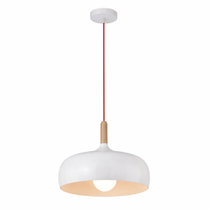 White pendant lamp with wooden base and red cable on a white background