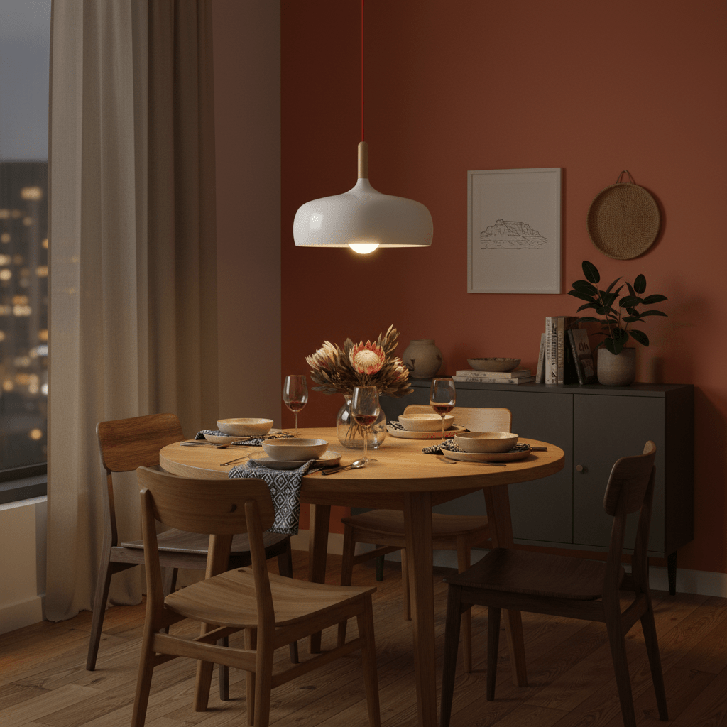 Scandinavian-style LED pendant light hanging above a wooden dining table set for a meal.