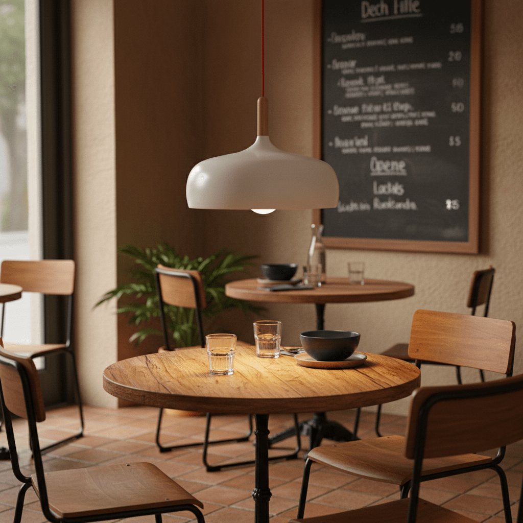 Scandinavian-style LED pendant light hanging over a wooden dining table in a cozy setting.