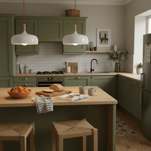 Scandinavian-style LED pendant lights above a kitchen island with a wooden countertop, fruit bowl, and coffee mugs.