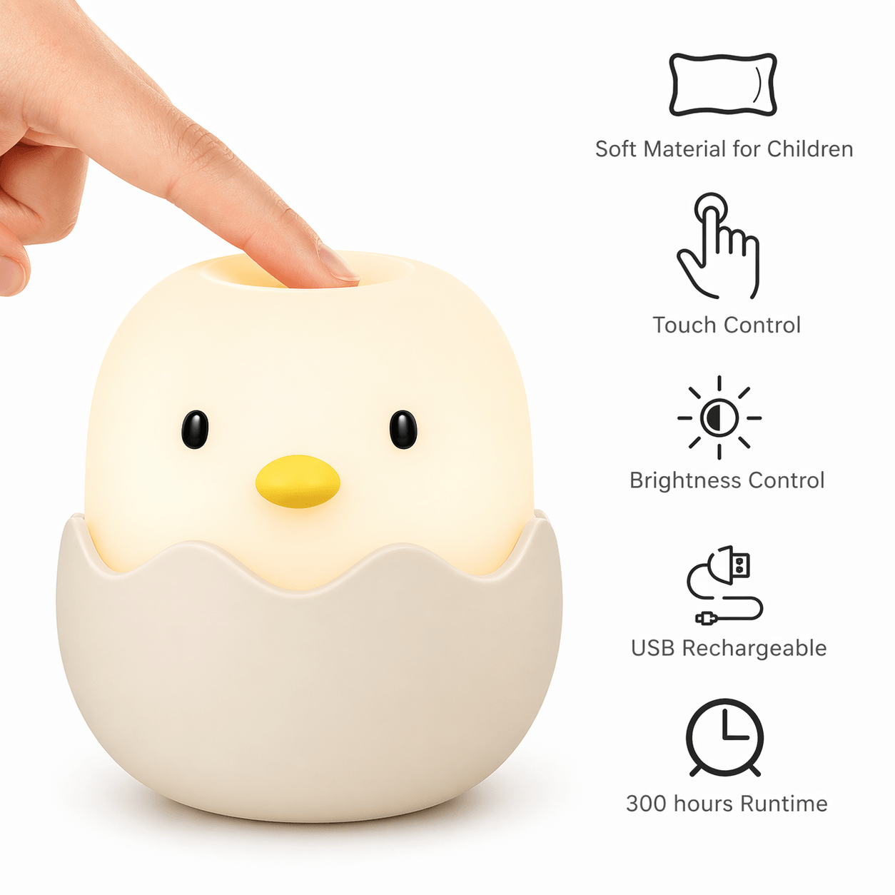Close-up of a soft silicone egg-shaped night light with touch control, featuring a cute chick design.