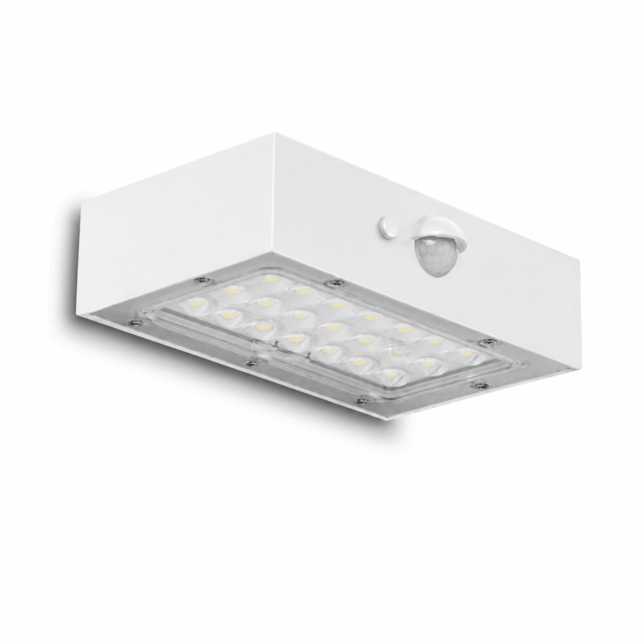 A white rectangular solar-powered LED outdoor light fixture with an integrated motion sensor, shown against a plain white background.