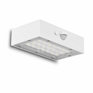 A white rectangular solar-powered LED outdoor light fixture with an integrated motion sensor, shown against a plain white background.