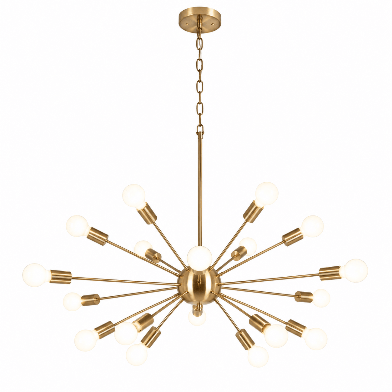 Gold sputnik chandelier with multiple arms on a white background