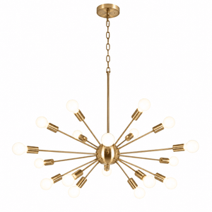 Gold sputnik chandelier with multiple arms on a white background