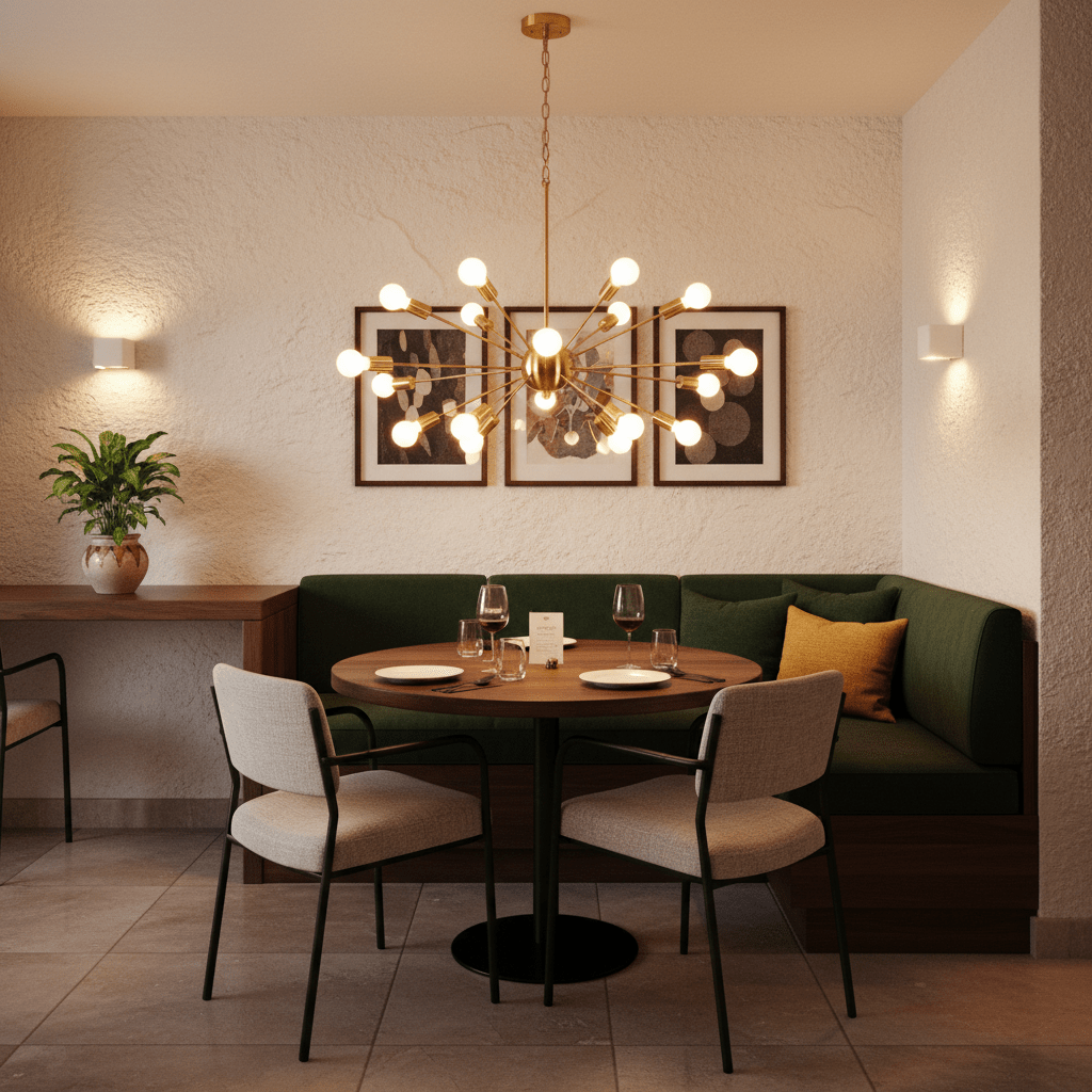 Satin gold pendant light hanging above a round dining table with green seating and decorative elements.