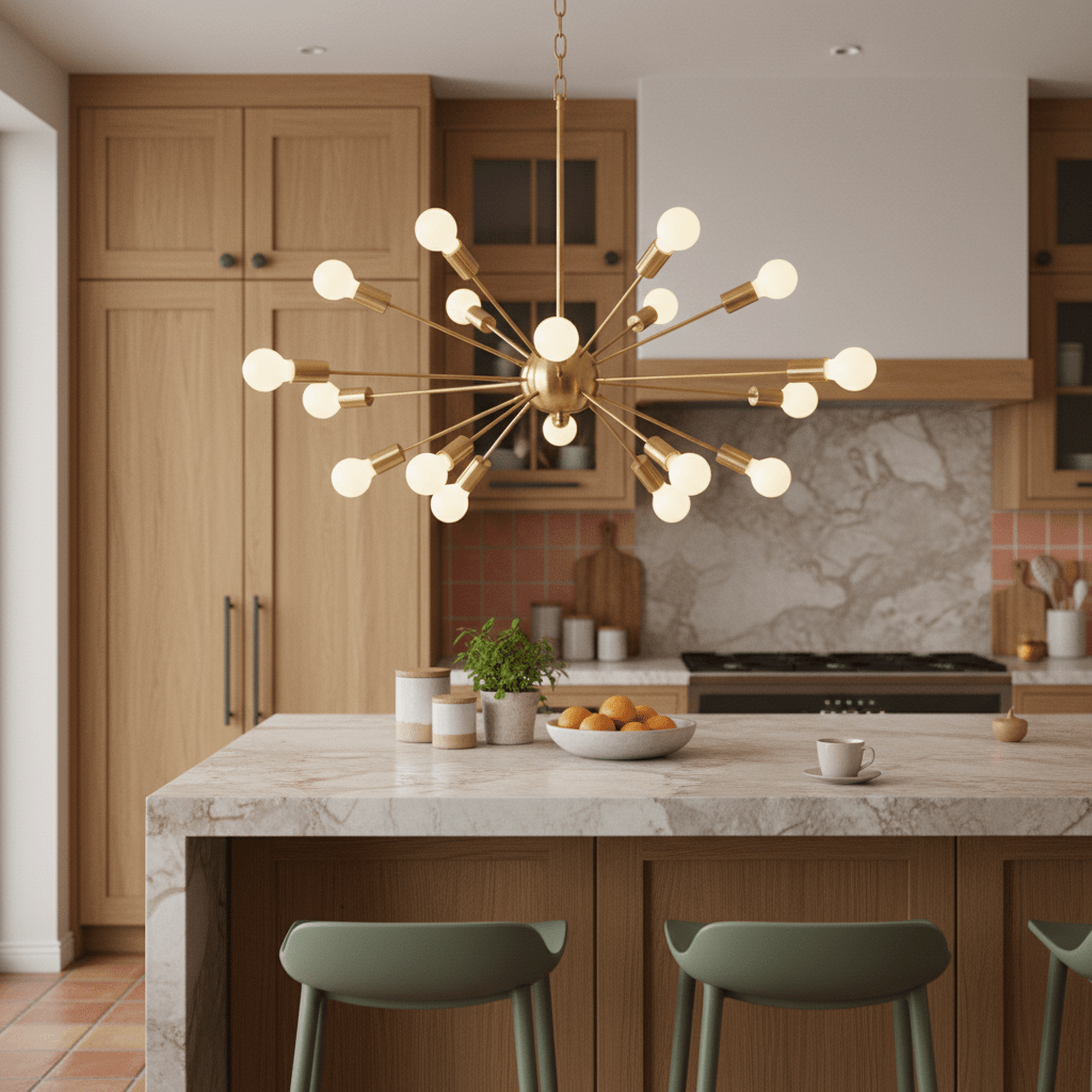 Satin gold pendant light hanging above a kitchen island with a marble countertop and wooden cabinetry.