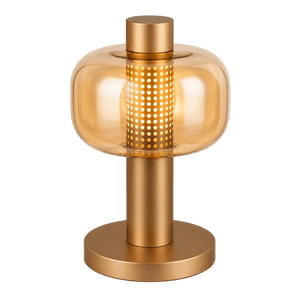 A gold table lamp with a rounded glass shade and a perforated center, resting on a circular base.