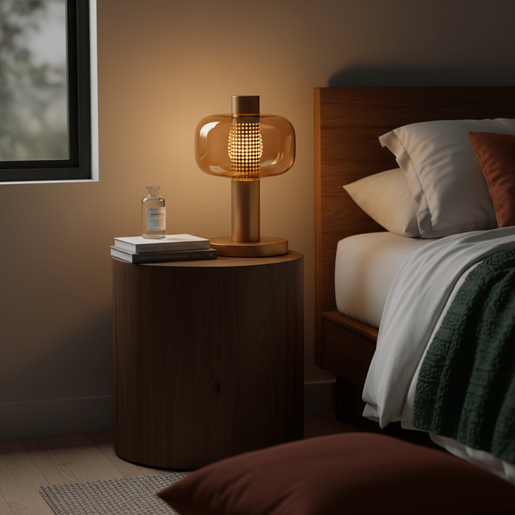 Chicago Gold Table Lamp on a bedside table with books and a glass bottle, creating a warm ambiance.