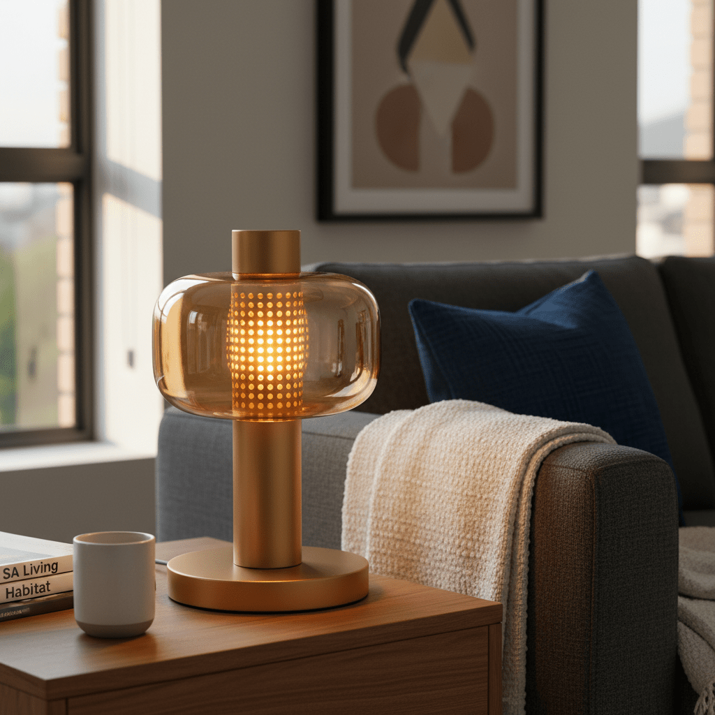 Chicago Gold Table Lamp on a wooden side table next to a cozy couch, illuminating a warm ambiance.