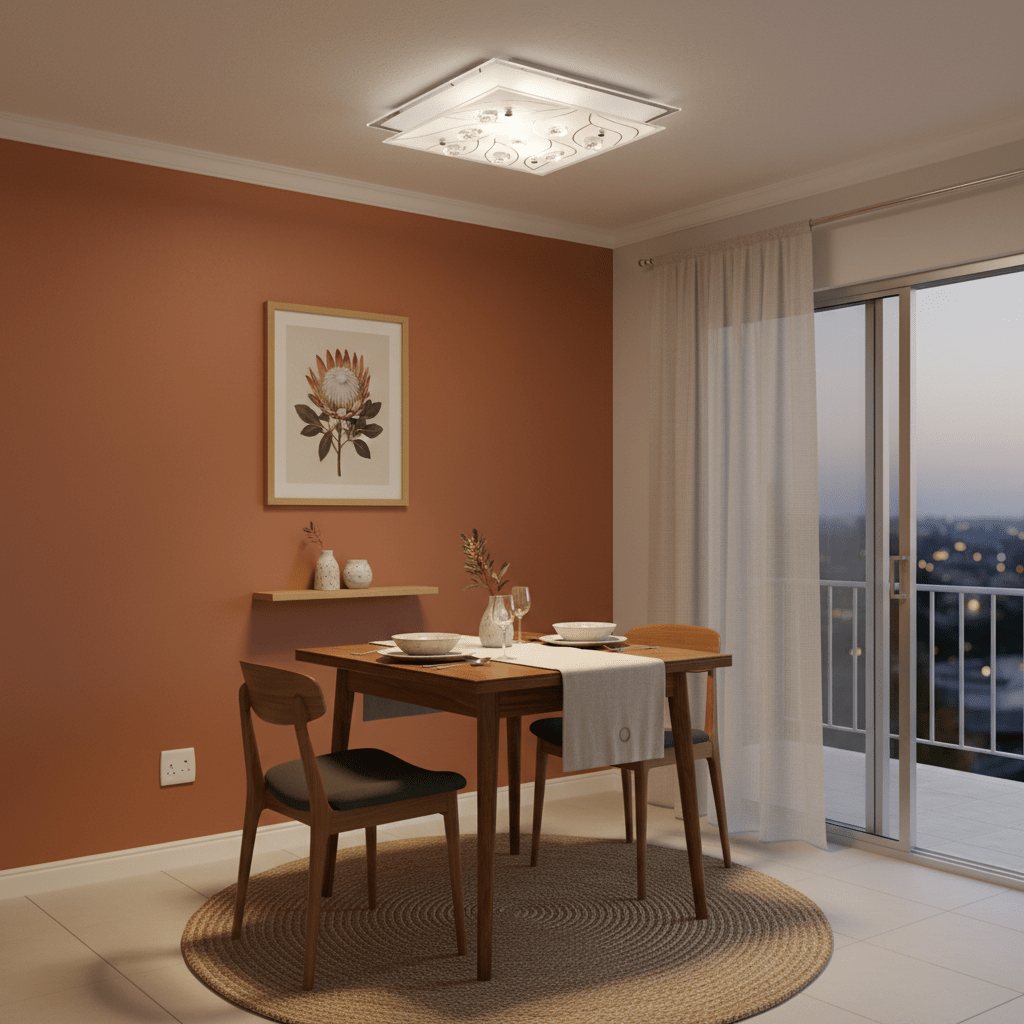 Polished chrome square ceiling light illuminating a cozy dining area with a wooden table and stylish decor.