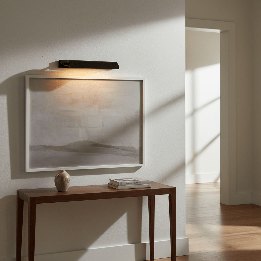 Goya Wall Lamp in matte black illuminating a framed artwork above a wooden console table.