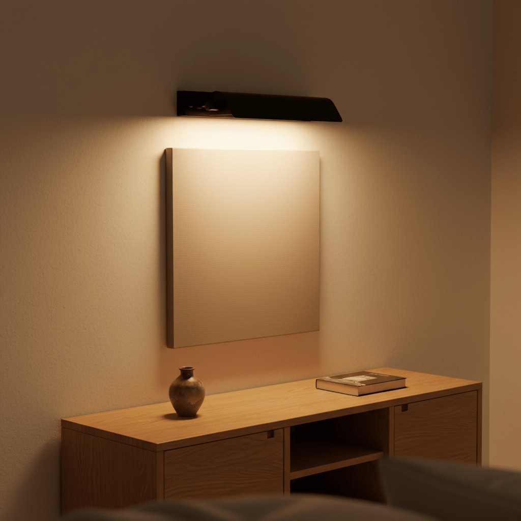 Goya Wall Lamp in matte black illuminating a blank canvas above a wooden console table with a vase and book.