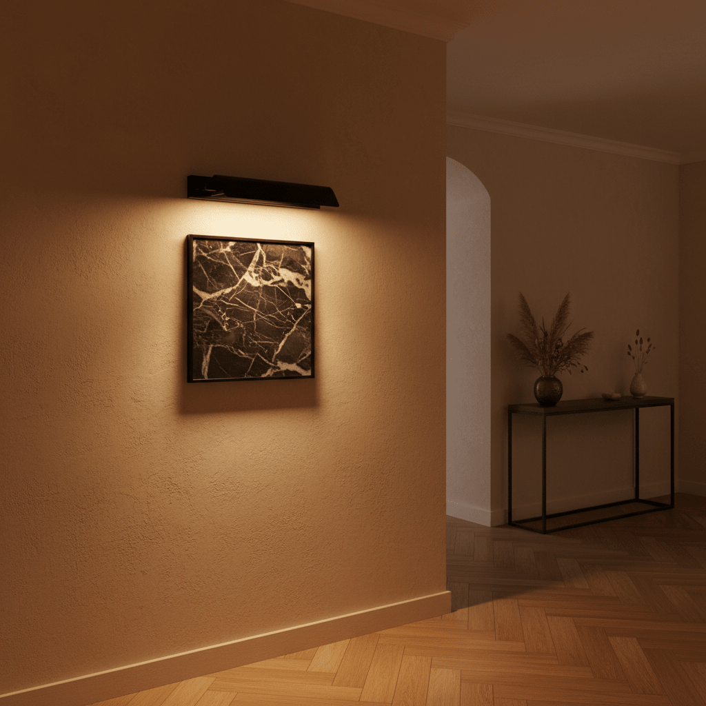Goya Wall Lamp illuminating a framed artwork on a textured wall, with a stylish console table in the background.