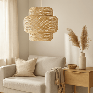 A bamboo rattan pendant light hangs above a cozy sofa, enhancing the Scandinavian-inspired decor.