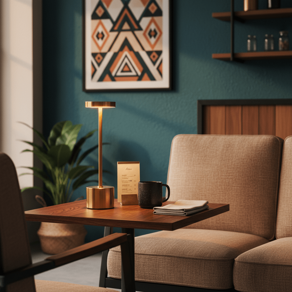 Vogue Gold rechargeable table lamp on a wooden table beside a cozy armchair, with a coffee mug and napkin.