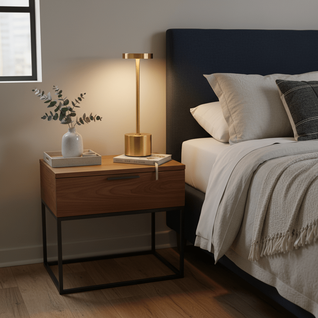 Vogue Gold Rechargeable Table Lamp on a bedside table with a cozy setup, featuring a plant and books.