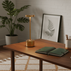 Vogue Gold Rechargeable Table Lamp on a wooden desk with a green notebook and plant in the background.
