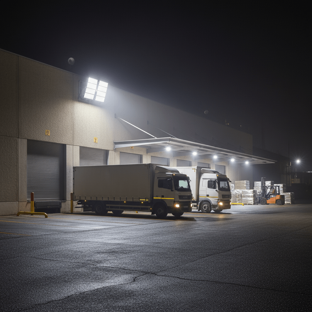 Two trucks parked in a well-lit loading bay at night, showcasing the floodlight illuminating the area.