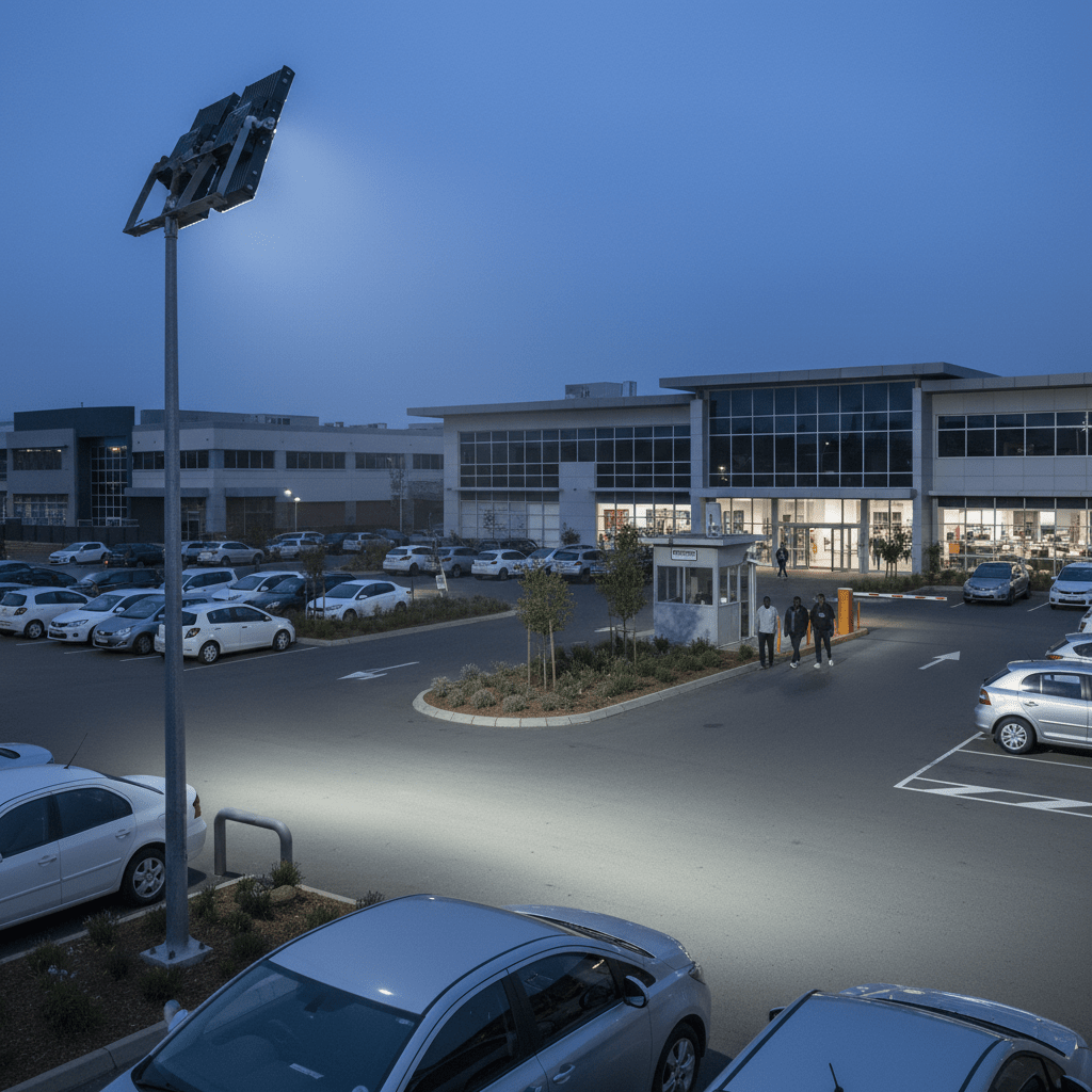 960W modular LED floodlight illuminating a parking area at dusk, enhancing visibility for pedestrians and vehicles.