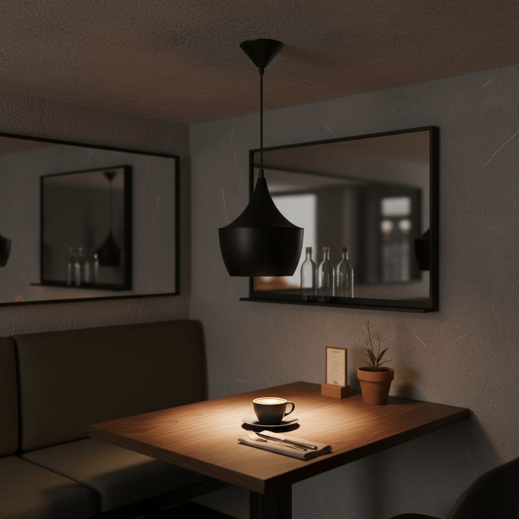Black metal pendant light hanging above a wooden table set with a coffee cup and cutlery, creating a warm ambiance.