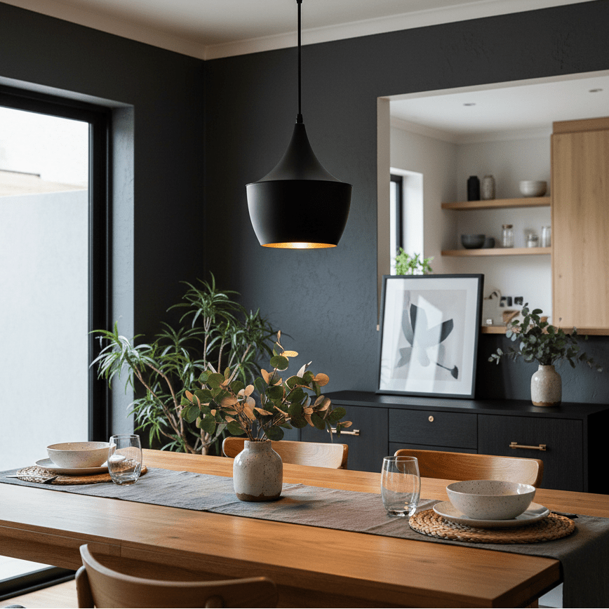 Black metal pendant light hanging above a wooden dining table with decorative plants and tableware.
