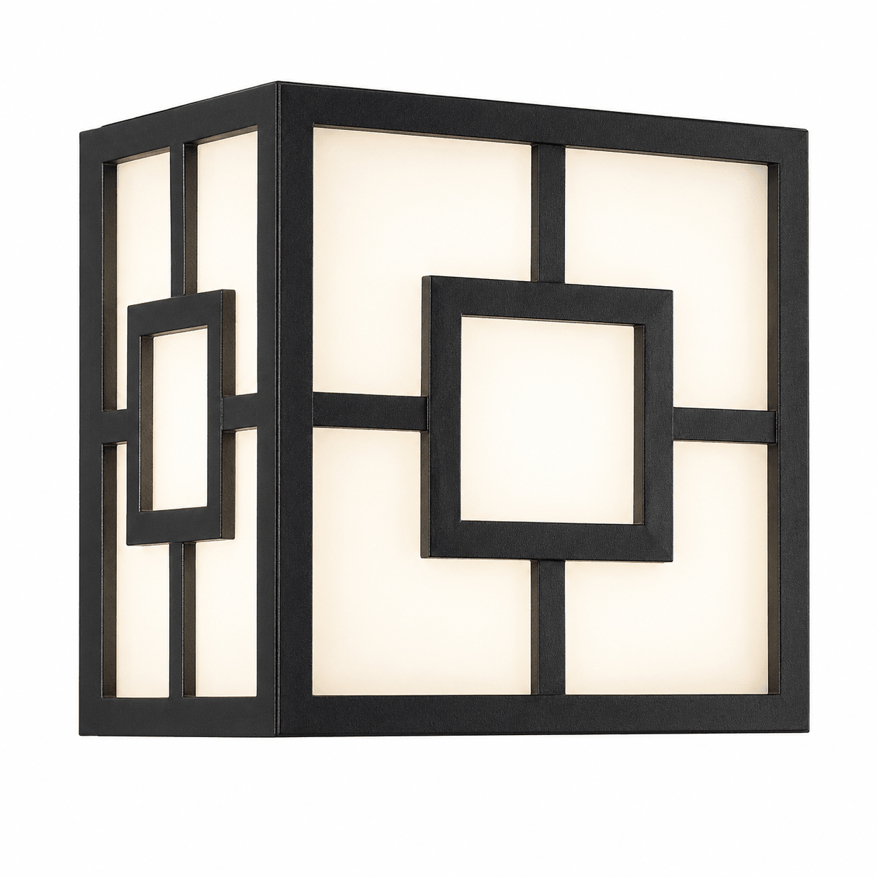 Compact square outdoor wall light with a modern design, featuring a black frame and white panels.